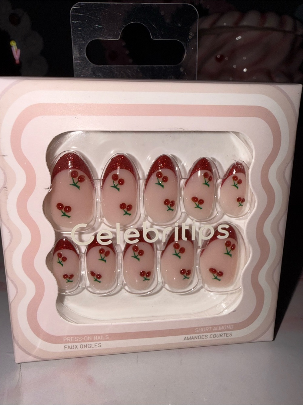Celebritips Red French Tip with Cherry Accent Press-On Nails in Short Almond